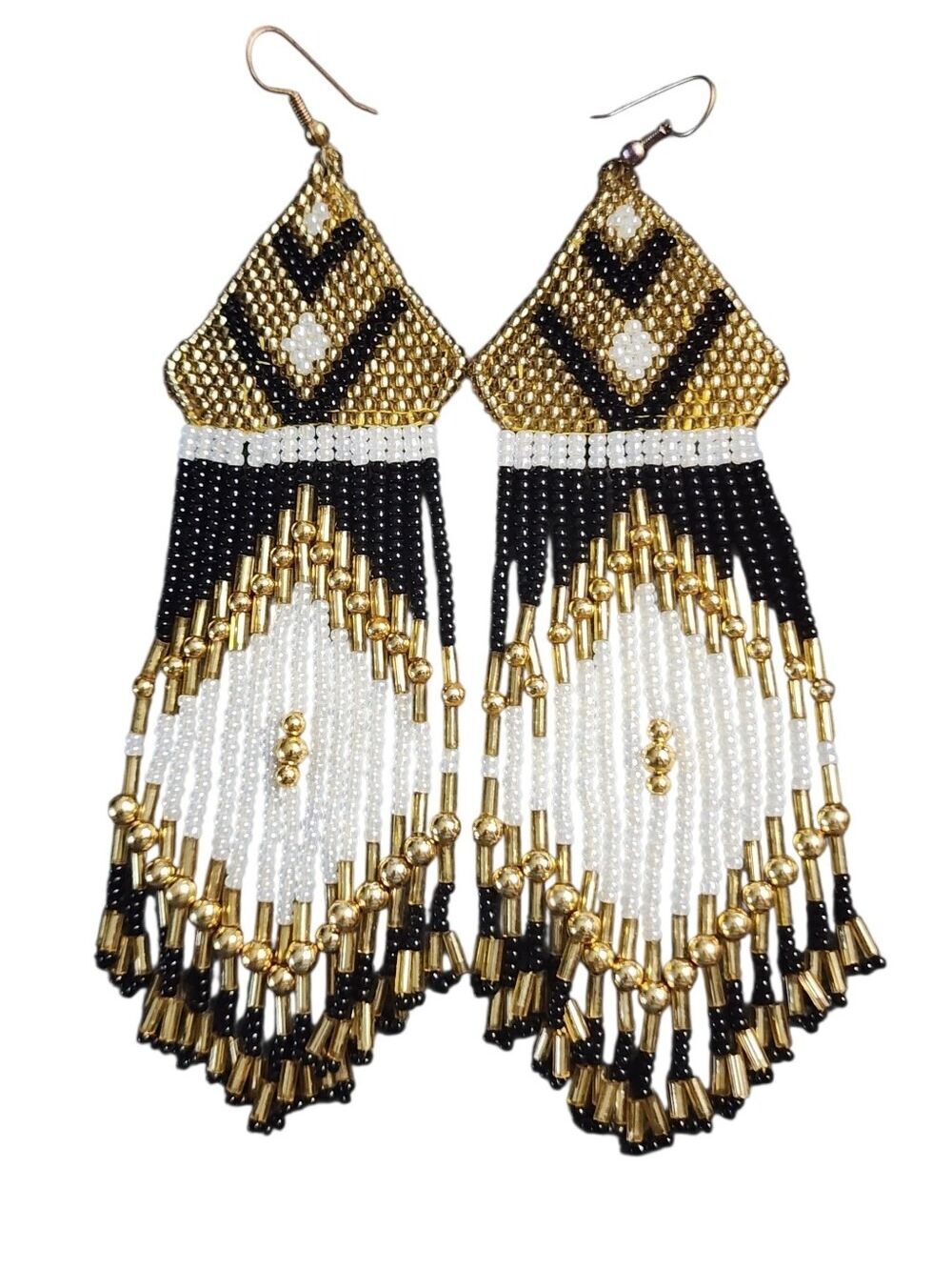 Hand Crafted Gold Black White Seed Bead Fringe Earrings